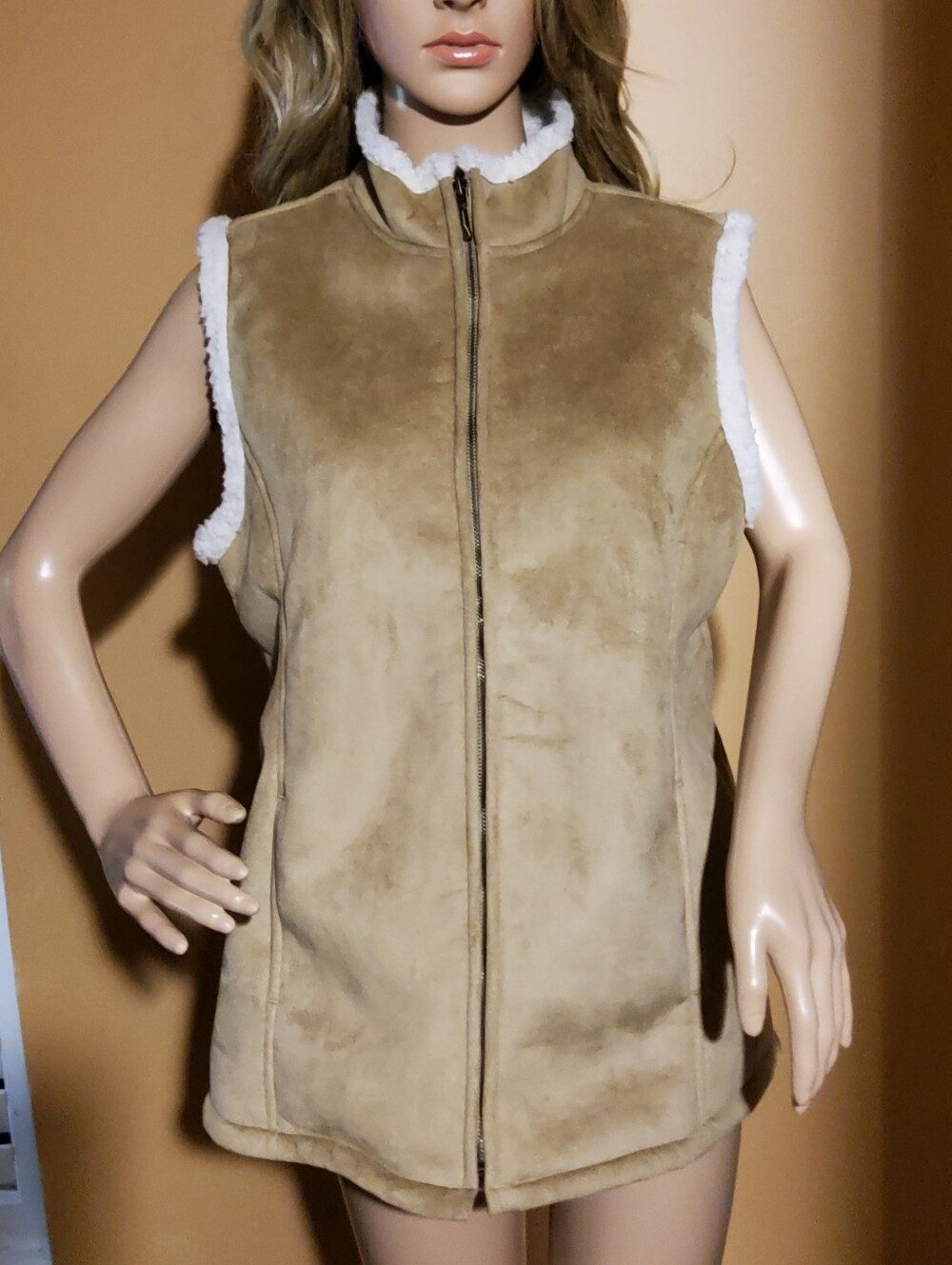 Denver Hayes Tan Faux-Suede Sherpa Lined Zip Vest